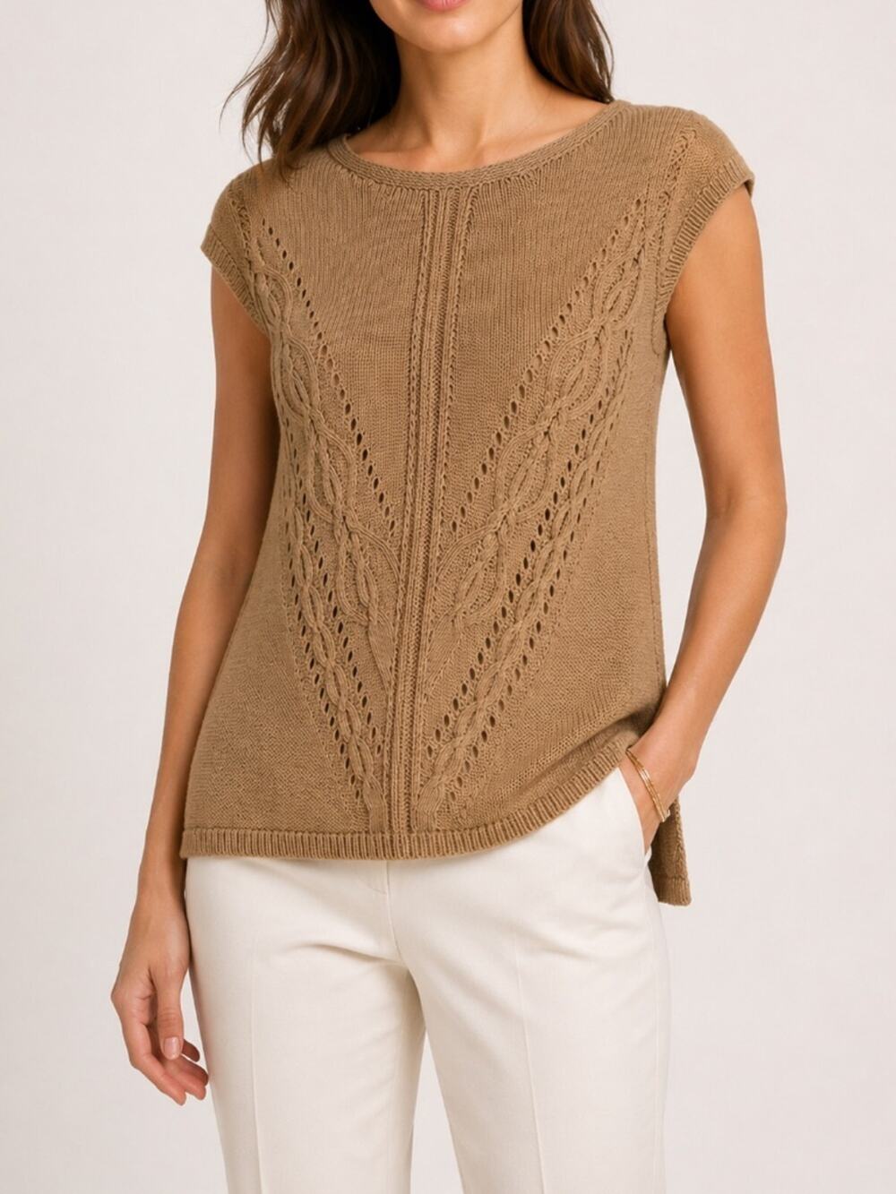 WHBM Tan Cable Knit Sleeveless Sweater Top 100% Cotton Small